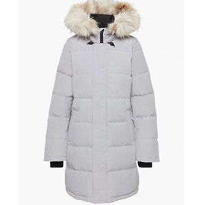 Aritzia TNA The Powder Parka Marble Grey M goose down with faux fur trim